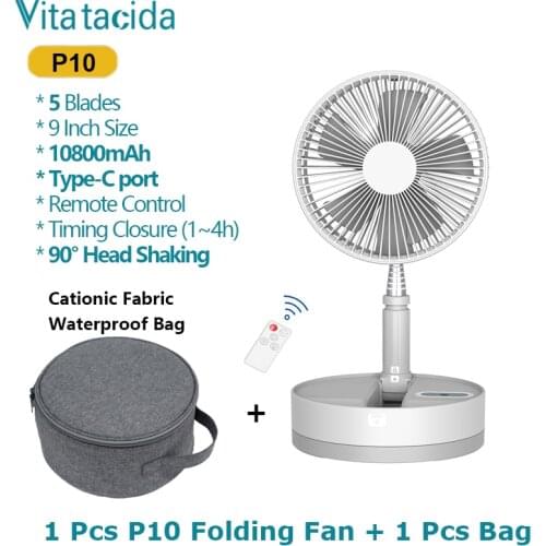 P10 10800mAh 9 Inch Folding Fan with Cationic Fabric Portable Bag Waterproof Shockproof Air Cooling Rechargeable Wireless Fan