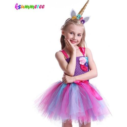Girls Unicorn Flowers Halloween Tutu Dress with Head Hoop Kids Vestibule Pony Costume Children Santa Gifts Baby Cosplay TUTU