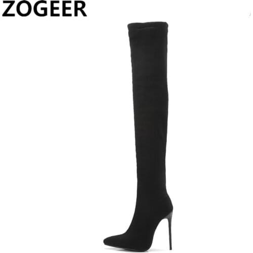 Stretch Thigh High Boots Women Autumn Spring Sexy Over the Knee Boots Flock High Heel Long Shoes Woman Big Size 45 47 Black Grey