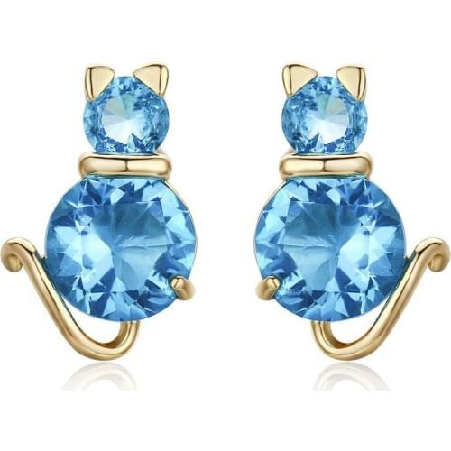 Cute Yellow Gold Color Kitten Kitty Cat Gato Clear Zircon Anti-Allergic Piercing Stud Earrings for Women Girls Kids Jewelry Aros