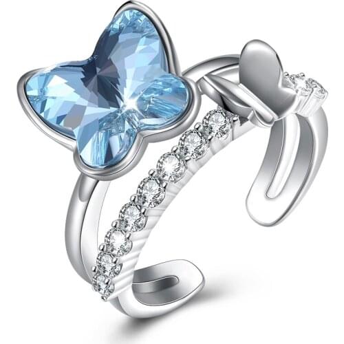 SILVERHOO 925 Sterling Silver Butterfly Opening Rings For Women Blue Crystal With Zircon Ring Fine Jewelry Anniversary Gifts