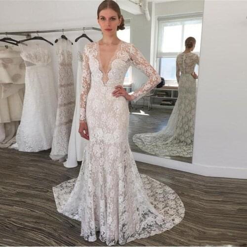 On Sale New Exquisite Lace Mermaid Bridal Wedding Dresses Long Sleeves V Neckline Wedding Gowns for Bride Ivory Court Train 2021