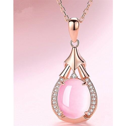 Vintage Female Oval Jade Pendant Necklace Charm Rose Gold Color Wedding Necklace For Women Cute Bride Crystal Chain Necklace