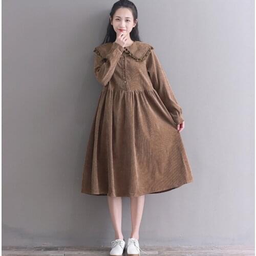Japan Style Kawaii Fringe Tassel Peter pan Collar Corduroy Dress Women Teen Girls High Waist Midi Plus Size Dresses Long Sleeve