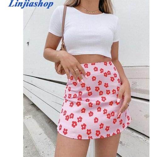 Pink floral print mini skirt high waist thick satin high fashion reform zip short chic skirt ladies femme vestidos