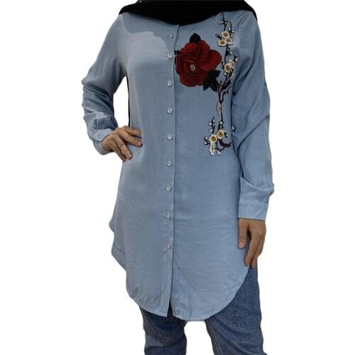 Plus Size 6XL Denim Blouse Women Long Sleeve Tops Buttons Shirts Muslim Fashion Abaya Turkish Kaftan Tops Islamic Clothing New