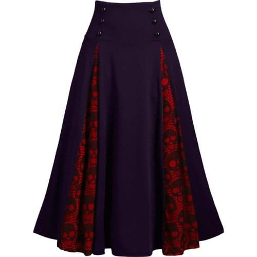 Women Gothic Skirt Button Punk Pleated Party Skirts Waist Ruffles Skirts Skull Print High Waist Feminino Long Skirts 2020 New