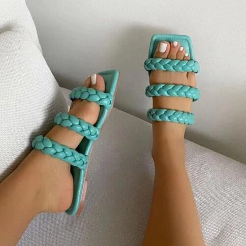 2021 Women Weave Square Toe Slippers Woman Summer Beach Flats Female Solid Slides Casual Shoes Ladies Footwear Big Size 35-43