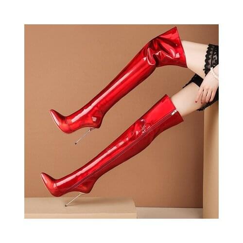 Spring autumn new stiletto metal high heels side full zipper laser botas patent leather over the knee long boots women bottes