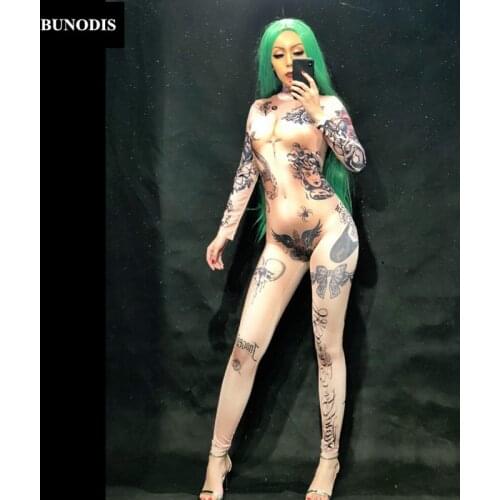 ZD179 Women Naked Tattoo 3D Printing Sexy Jumpsuit Nightclub Party Bodysuit Stage Wear Dancer Singer Performance Clothing