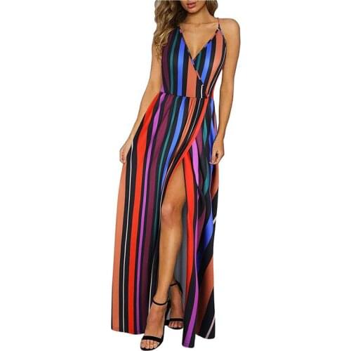 V-neck Sling Dress Women 2021 Summer Temperament Commuter Spaghetti Straps Print Holiday Beach Slit Maxi Dresses Female LR1466