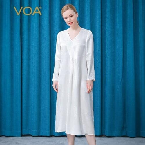 VOA Silk 32M/m White Jacquard V-neck Asymmetric Tucker Pleat Stitching Pleat Design Straight Long Womens Dress AE756