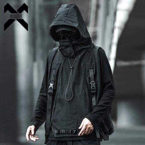 11 BYBBS DARK Cargo Vest Men Streetwear Tactics Hooded Jackets Coats 2020 Summer Autumn Black Vest Multiple Pockets Ribbon BB67