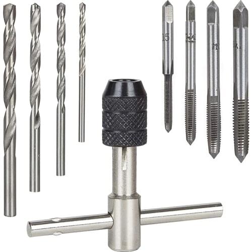 9Pcs Adjustable T-Handle Tap Holder Wrench Machine Thread Taps Set Tapping Threading Tool with 4pcs M3-M6 Metric Taps Drill Bits