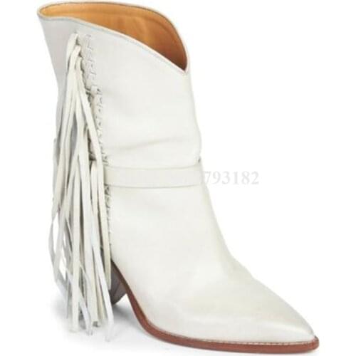 Brand Design Women Fashion Pointed Toe Spike Heel Tassels Short Gladiator Boots Slip-on White Fringes Ankle Booties Autumn Boots