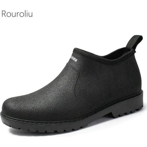 Rouroliu Spring Autumn PVC Water Shoes Men Non-Slip Fishing Work Boots Man Ankle Rainboots