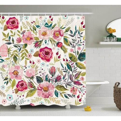 Floral Shower Curtain Shabby Chic Flowers Roses Pedals Dots Leaves Buds Spring Season Artwork Bathroom Decor Set
