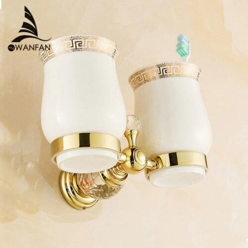 Cup & Tumbler Holders Crystal Brass Ceramic Cup Bathroom Accessories Gold Double Tumbler Holders Toothbrush Cup Holders HK-32