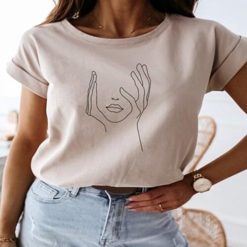 Sexy Line Print T Shirt Minimalist Women Short Sleeve O-Neck Cotton TShirt Summer Woman Harajuku Casual Loose Clothing Tees Tops