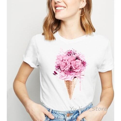 Pink flowers ice cream print t-shirt women tshirt top harajuku kawaii clothes 90s tumblr t shirt women shirts casual white basic