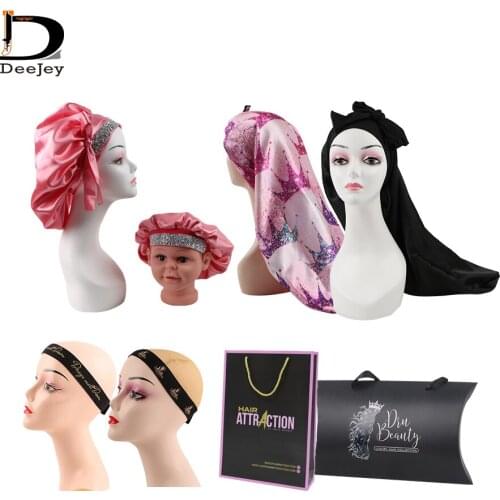 Personality virgin hair extenstion wig packaging paper bag double layer satin rainstion bonnet long bonnet lace melt wrap band