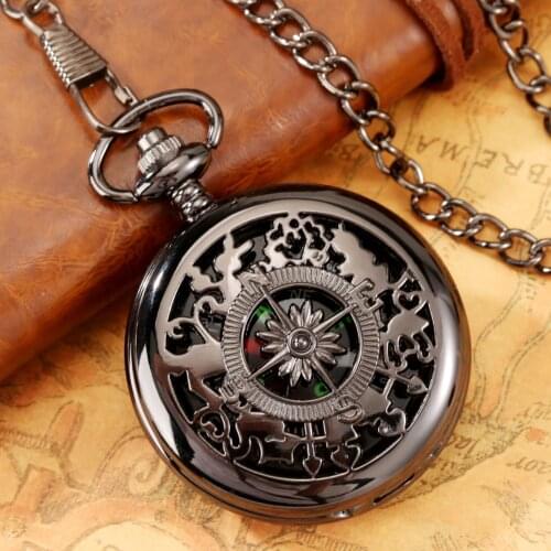 Black Round Dial Vintage Fashion Design Compass Pocket Watch Antique Pendant Clock Gifts Men Women