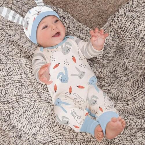 Cute Newborn Infant Baby Boys Girls Clothes Long Sleeve Easter Cartoon Rabbit Printed Romper Jumpsuit+Hat Costume Outfits Set#p4
