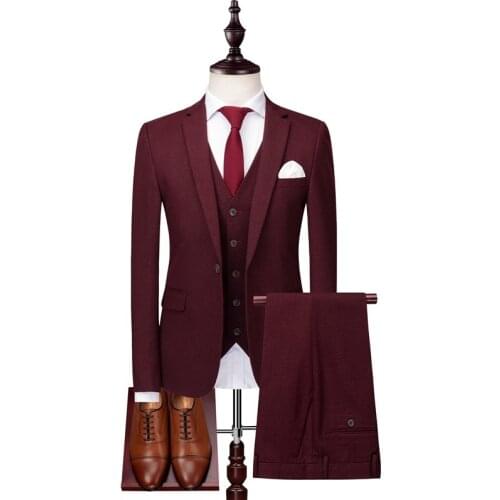 Костюм мужской Burgundy mens suit fashion casual mens suit 3-piece blazer trousers vest wedding groom dress мужские костюмы