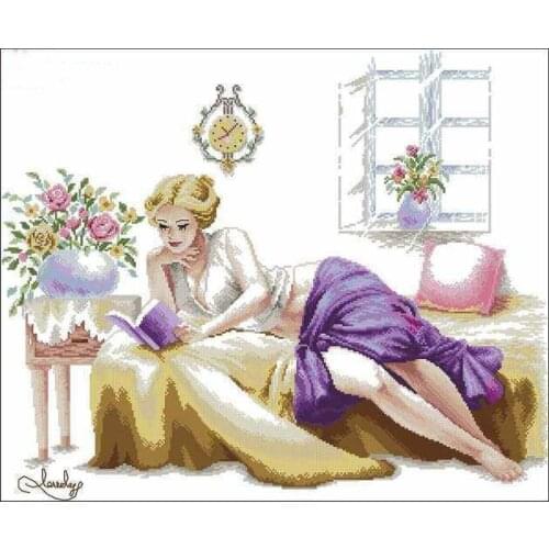 Elegant Beauty Reading Lady Woman Cross Stitch Kits Crafts Top Quality Embroidery Needlework DIY 14CT Unprinted Decor Handmade