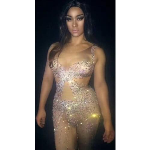 New Stage Fireworks Rhinestones Tight Sexy Full Diamond Guest Singer Siamese Pants Night Club Costume Party Birthday Celebration