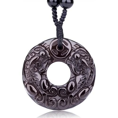Natural Obsidian Donut Necklace Pendant Hand-carved Round Black Gemstone Auspicious Beast Charm Lucky Amulet for Men and Women