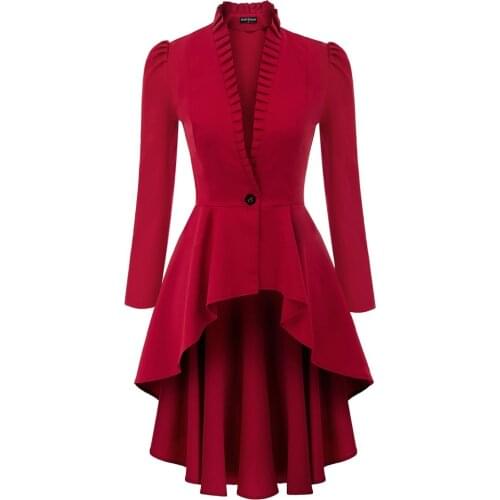 Summer Coats Women High-Lo Hem Coat Steampunk Long Puff Sleeve Stand Collar V-Neck Solid Color Pleated Retro Clothes Clubwear
