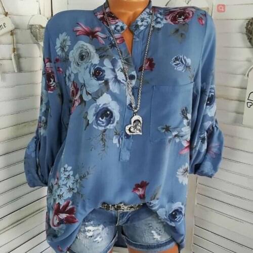 Oversized Women Clothing Blouse Boho Flower Print Button Long Sleeve Casual Tunics Shirt V Neck Pullover Plus Size Blouse
