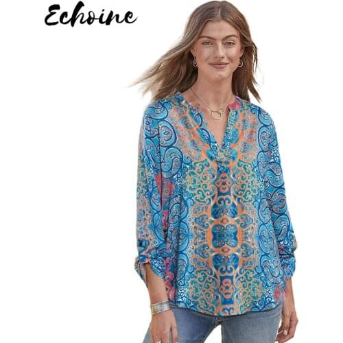Blue Moroccan Breeze Tunic Long Sleeve Blouse Top Women V Neck Print Female Work Wear Shirts Blouse Plus Size 2XL Holiday Blouse