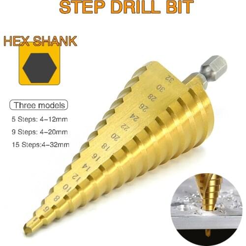 3pcs spiral straight flute Step Drill Spade Bit 1/4 hexagonal shank drill pagoda DIY HSS Titanium Coated Wood Tools