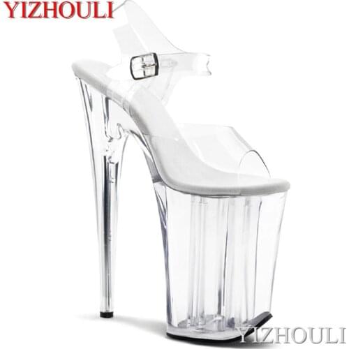 Crystal pole dancing shoes, 23cm thin cross belt, transparent vamp 9 in ultra high heel sandal, model summer dancing shoes