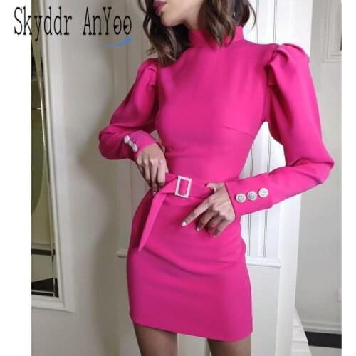 Spring Sexy Bodycon Long Sleeve Red Women Dress With Belt Elegant Mini Party Dress Ladies Office Work Wear Short Vestidos Mujer
