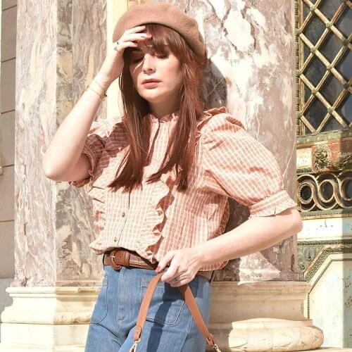 Pink Plaid Print Shirts Women Summer Ruffled Short Sleeves Casual Blouse Female Elegant Retro Chemise ample à manches courtes