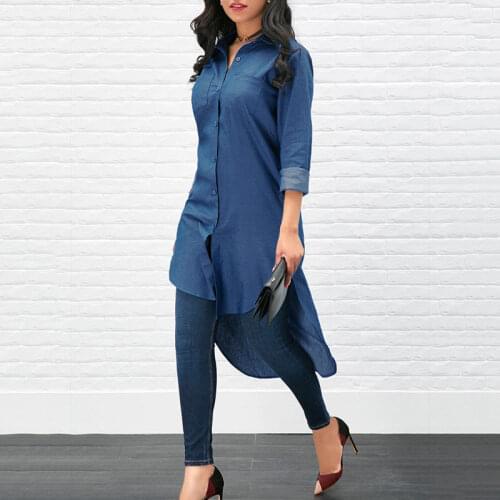 Autumn Women Long Sleeve Blouse Solid Blue Denim Long Shirts Female Casual Vogue Button Short front Long back shirt blouses Tops