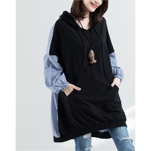 2020 Spring Korean Splice Stripe Hooded Women Clothing Loose Long Sleeve Black Mid-length Sweatshirts Fashion Female Tops Z204