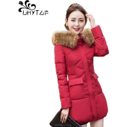 UHYTGF Women Winter hooded warm Cotton aphid 3XL plus size Womens cotton padded jacket Korean Female Fur collar parka coat X369