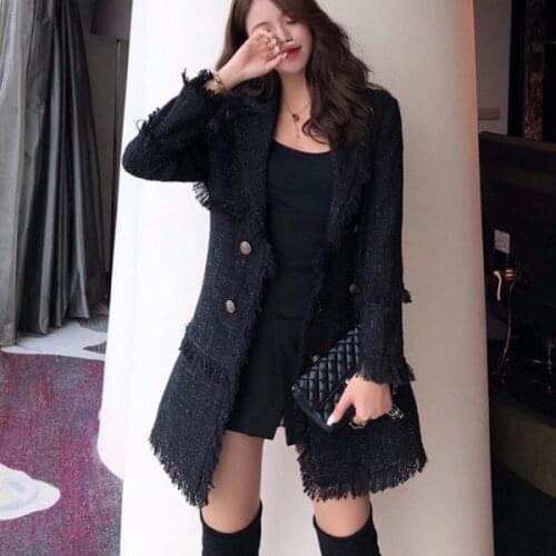 Runway Designer Womens Double Breasted Metal Button Long Sleeve Notched Collar tassel Jacket Wool Blends Tweed Coat