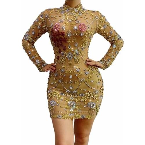 Formal Long Sleeve Evening Mini Dresses Women Stretch Gold Rhinestones Flower Short Bodycon Dress Sexy Club Party Stage Costume