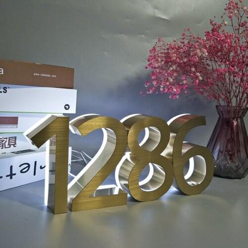 Gold Color White Light Metal 3D Led Modern House Number Sign Outdoor Waterproof Hotel DoorPlate Lettre Address Number for House