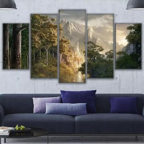 Wall Art Canvas Paintings Prints Framework 5 Pieces Castle In The Mountains Pictures Rings King Posters Living Room Decor
