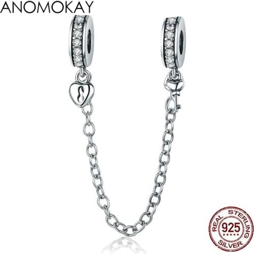Anomokay Authentic 925 Sterling Silver Stackable Love Heart Dangle Safety Chain Charm fit Bracelet for Women Lovers DIY Jewelry
