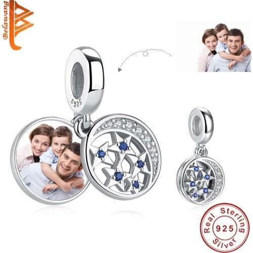 BELAWANG 100% 925 Sterling Silver Blue Moon Star Dangle Charms Custom Photo DIY Bead Fit Original Bracelets Wholesale Jewelry