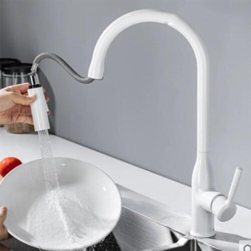 White Pull Out Kitchen Faucet Brass Material Hot&Cold Water Mixer Value Gourmet Taps Deck Mounted Crane With Single Handle