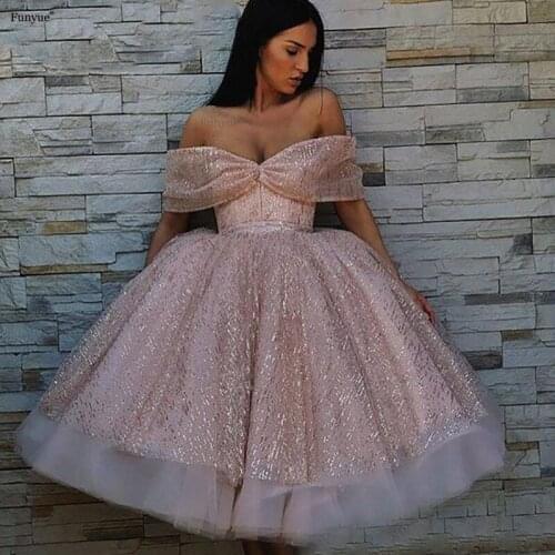 Shiny Pink Evening Dress 2021 New Arrival Sexy Off The Shoulder Prom Dress Knee-Length Bohemian A Line Tulle Vestido De Festa
