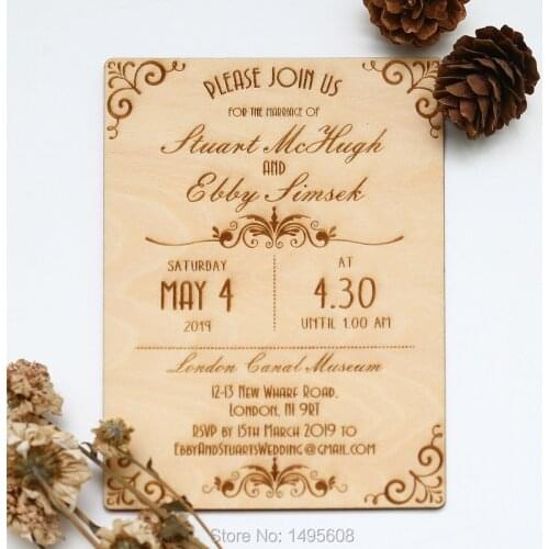 Wood Wedding Invitation - Art Deco Scroll Design Wedding Invitation - Real Wooden Invite